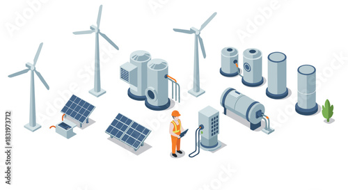 Renewable energy systems isometric design featuring wind, solar, and energy storage solutions