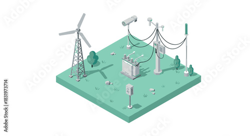 Isometric green energy landscape with wind turbine and power lines