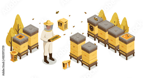 Isometric bee farm with beekeeper caring for wooden beehives in autumn