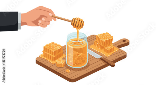 Isometric honey comb with jar and dripping honey on cutting board