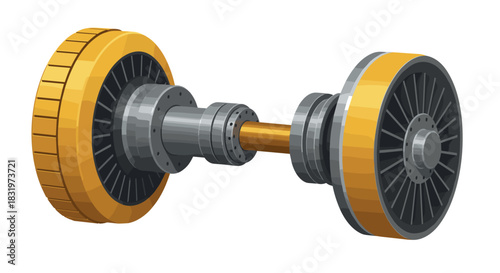 Isometric train wheel and axle design with industrial details