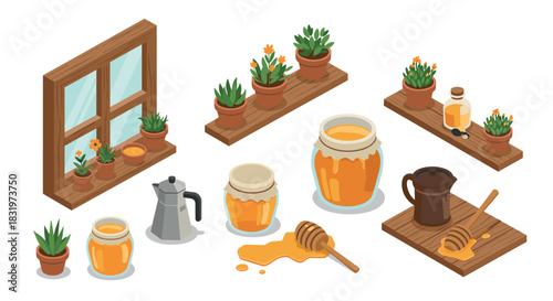 Cozy isometric kitchen with honey jars, potted plants, and coffee
