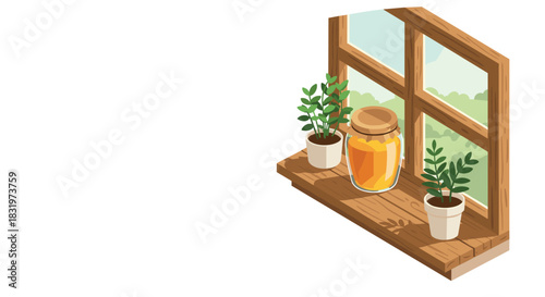 Serene isometric window sill with potted plants and honey jar