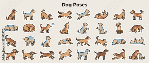 Dog poses icon set. containing sitting, standing, playing, sleeping, sniffing, jumping, barking, rolling, digging, stretching. Vector collection