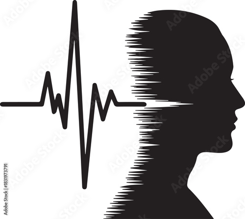 Silhouette of a human head with a sound wave or heartbeat line