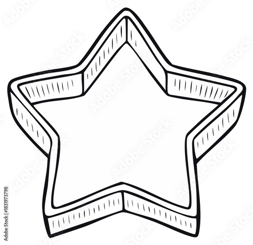 Black and white line art illustration of a star shaped cookie cutter for baking and crafts.