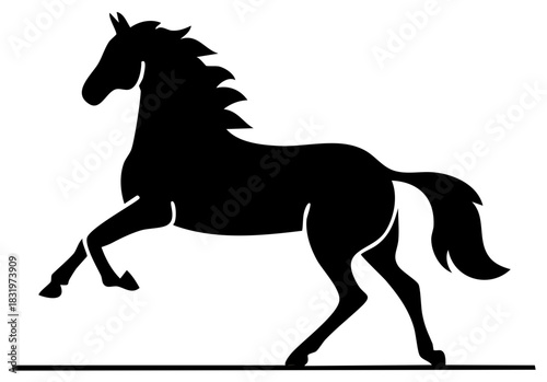 Stylized black silhouette of a prancing horse with flowing mane and tail on a white background