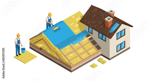 Isometric roof construction with workers installing insulation and waterproofing