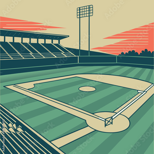Vintage baseball vector art of a stadium at sunset with seats and lights is perfect for sportsthemed designs and advertisements.