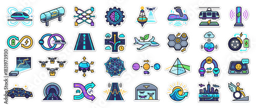 Transportation and technology icons set. includes drone, plane, aerial tramway, hovercraft, car, helipad, road, and more. Vector collection
