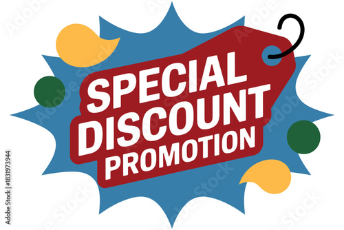 Red tag with special discount promotion on a blue burst background