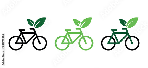 Three bicycle icons with leaves in black, light green, and dark green