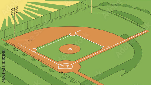 Baseball field vector illustration ideal for sports designs, tournament promotions, and baseballthemed projects in need of a realistic field setting.