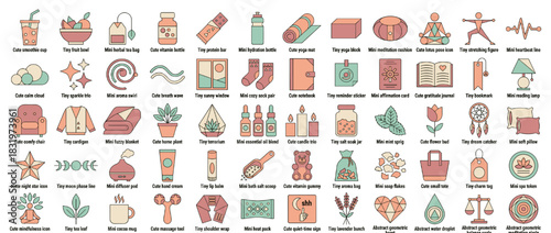 Wellness and lifestyle icon set. containing yoga, meditation, plant, book, tea, candle, and more. Vector collection