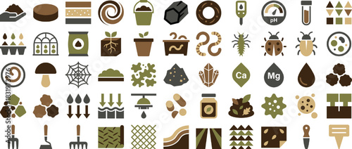 Gardening and soil icon set. containing plant, soil, pot, seed, insect, compost, ph, nutrient, worm, watering. Vector collection