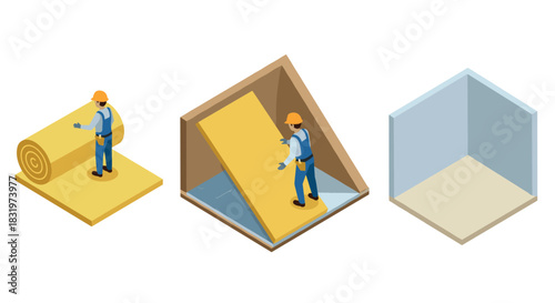 Isometric construction workers applying insulation in building interiors