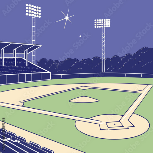 Baseball field vector with vibrant night lights, perfect for sports designs and event promotions needing a dynamic atmosphere.