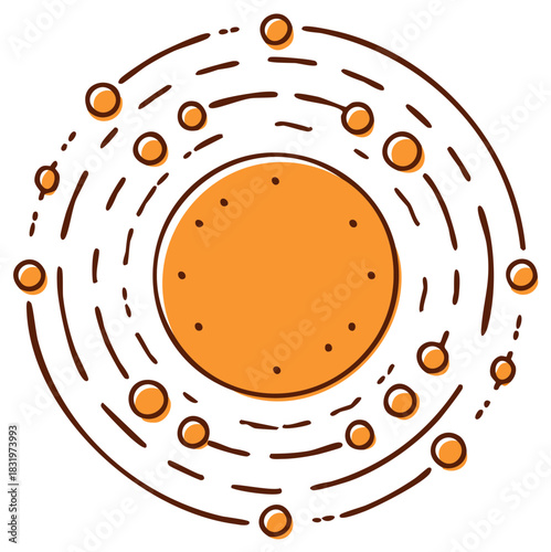 Stylized depiction of a Solar system model with planets orbiting a central orange sun in a doodle style