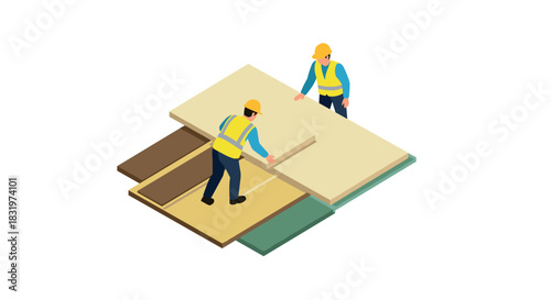 Workers installing flooring panels in isometric style