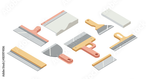 Isometric plastering tools set on white background for construction and renovation projects