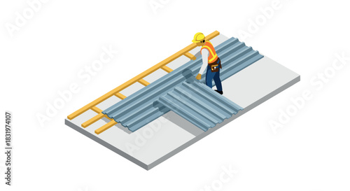 Construction worker installing metal roof sheets in isometric view