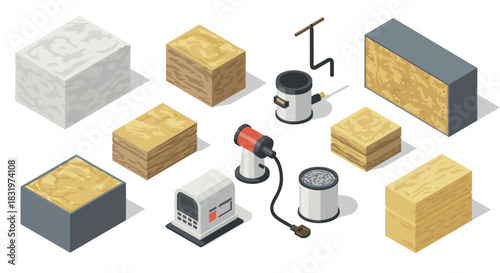 Isometric construction materials and equipment: stone, wood, and tools