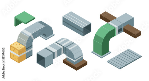 Isometric hvac ductwork components set for engineering and construction projects