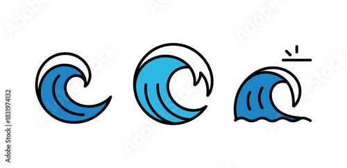 Three stylized blue waves with black outlines on a white background