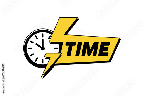 Illustration of a clock next to a yellow lightning bolt with the word time