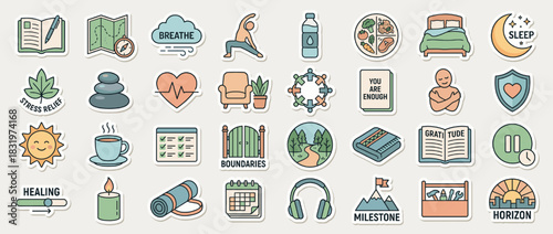 Wellness and self-care icons set. containing yoga, meditation, stress relief, gratitude, healing, nature, sleep, and more. Vector collection