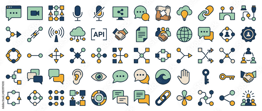 Fototapeta premium Communication and technology icons set. including chat, network, handshake, data, cloud, share, api, connection, digital, media. Vector collection