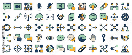 Communication and technology icons set. including chat, network, handshake, data, cloud, share, api, connection, digital, media. Vector collection