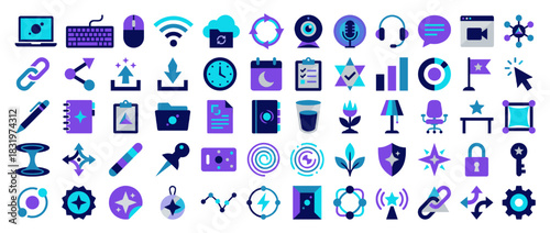 Technology and office icon set. containing computer, keyboard, wifi, microphone, clock, pen, document, lock, and more. Vector collection