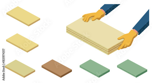 Isometric set of hands holding paper stack and individual sheets in various colors on white