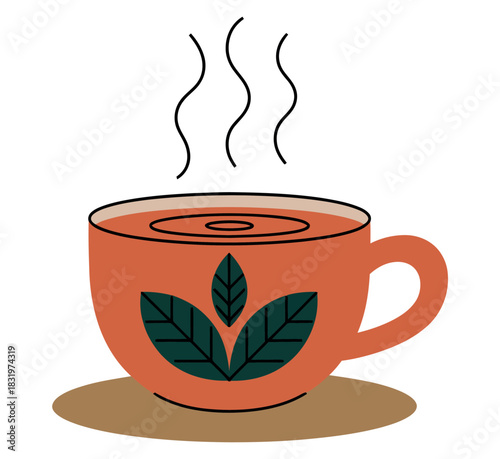 Illustration of an orange teacup with steam and leaf design on a saucer