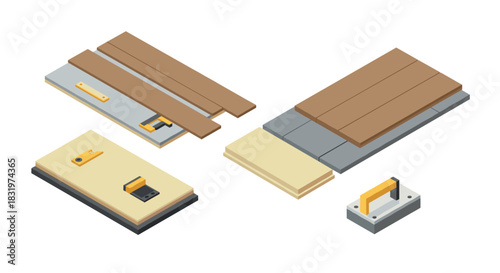 Isometric construction tools and materials: trowel, boards, floor tiles