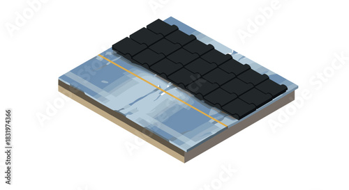 Isometric roof construction with black shingles on wooden structure