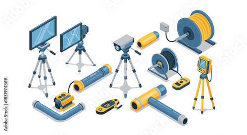 Isometric industrial surveying instruments with tripods and cables