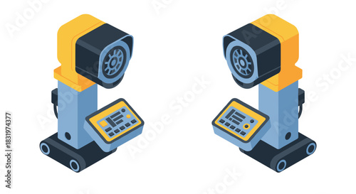 Isometric 3d robotic machines with control panels on tracks