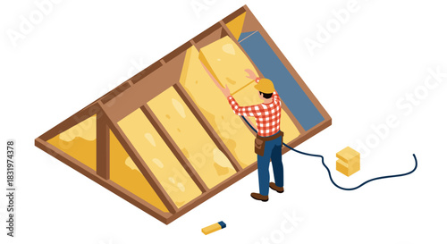 Isometric worker installing attic insulation for energy efficiency