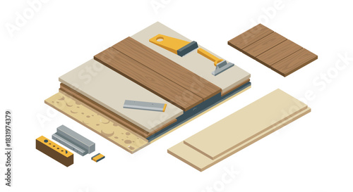 Isometric construction tools and wooden panels for home renovation projects