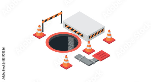 Isometric urban construction site with traffic cones and manhole cover