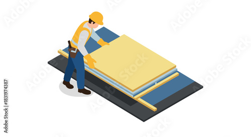 Construction worker installing insulation panels in isometric style
