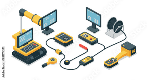 Isometric robotics and automation equipment with control panels and monitors