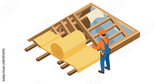 Isometric construction worker adding insulation to wooden roof frame