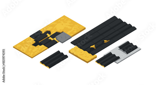 Modular road construction components in isometric view for urban planning and design