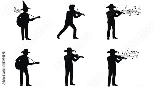 Musician silhouettes playing guitar and violin vector graphics