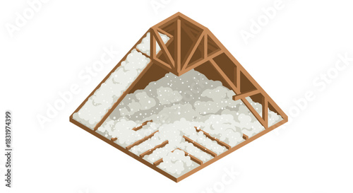 Isometric attic insulation concept with wooden trusses and fiberglass material