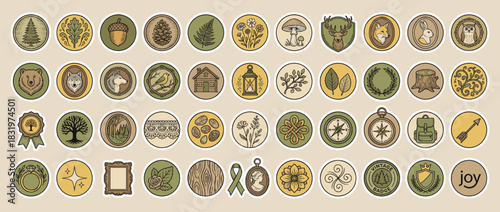 Nature and adventure icon set. containing forest, animal, leaf, tree, flower, hiking, compass, and more. Vector collection