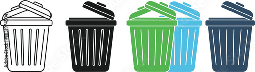 Trash and Recycling Bin Icon Set with Open and Closed Lids Minimal Flat Vector Illustration Isolated on White